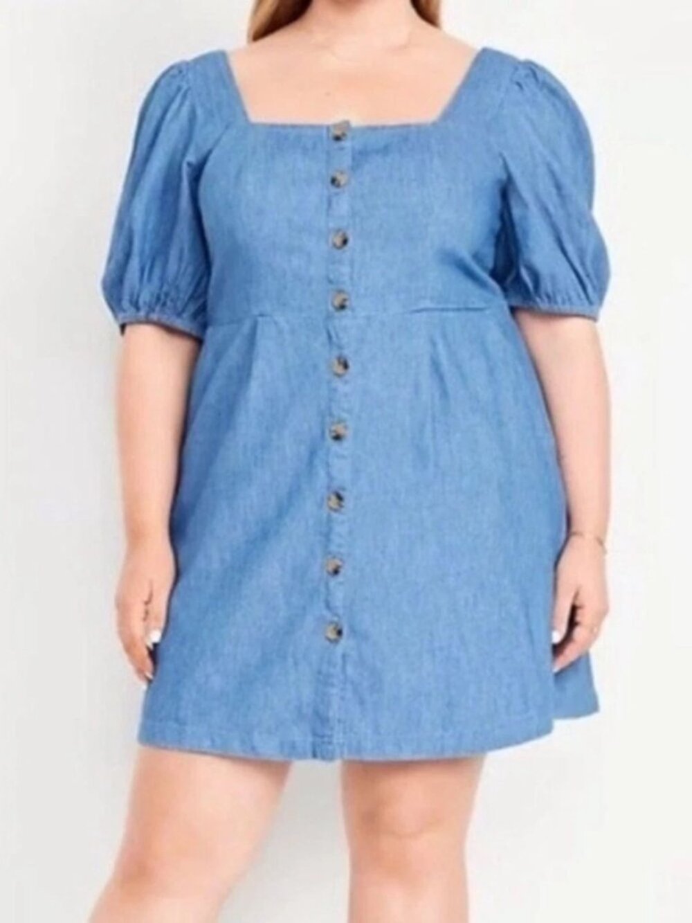 Old Navy Women's Puff Sleeve Denim Style Dress Blue Square Neck Button Size XXL